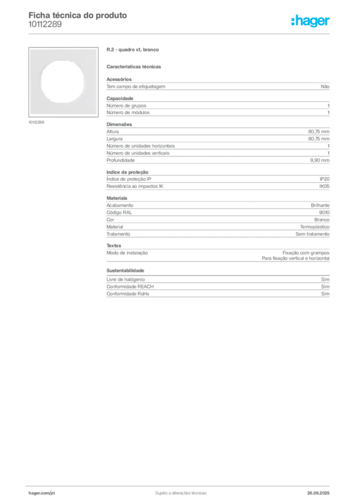 Imagem Hager Ficha técnica do produto 10112289 | Hager Portugal