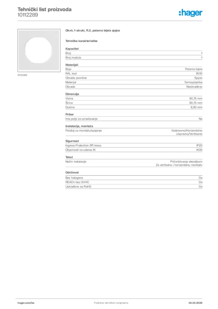 Slika Hager Tehnički list proizvoda 10112289  | Hager