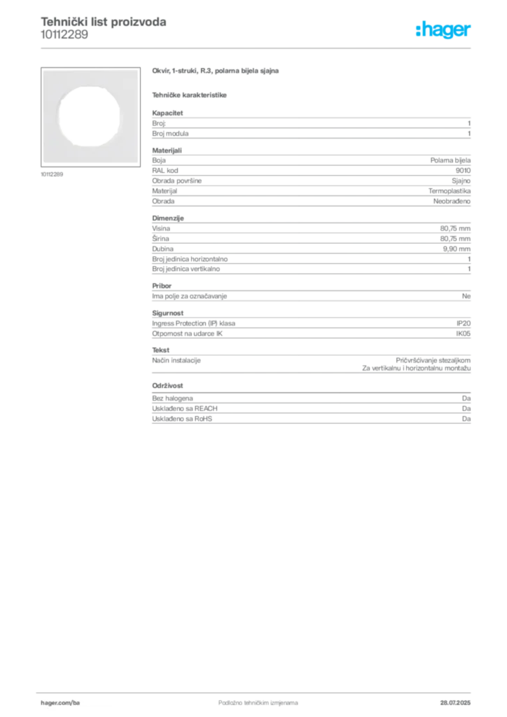 Slika Hager Product data sheet 10112289  | Hager