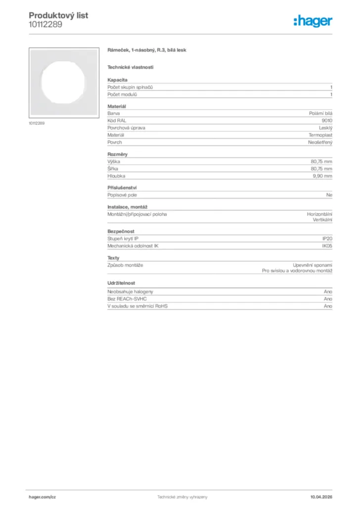 Obrázek Hager Product data sheet 10112289 | Hager