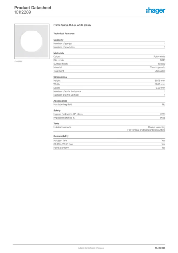 Image Hager Product data sheet 10112289  | Hager