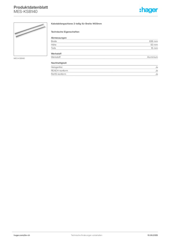 Bild Hager Produktdatenblatt MES-KSB140 | Hager Schweiz