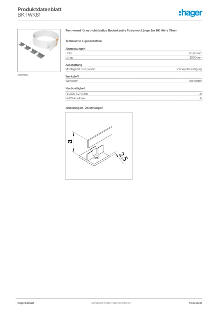 Bild Hager Produktdatenblatt BKTWK61 | Hager Deutschland