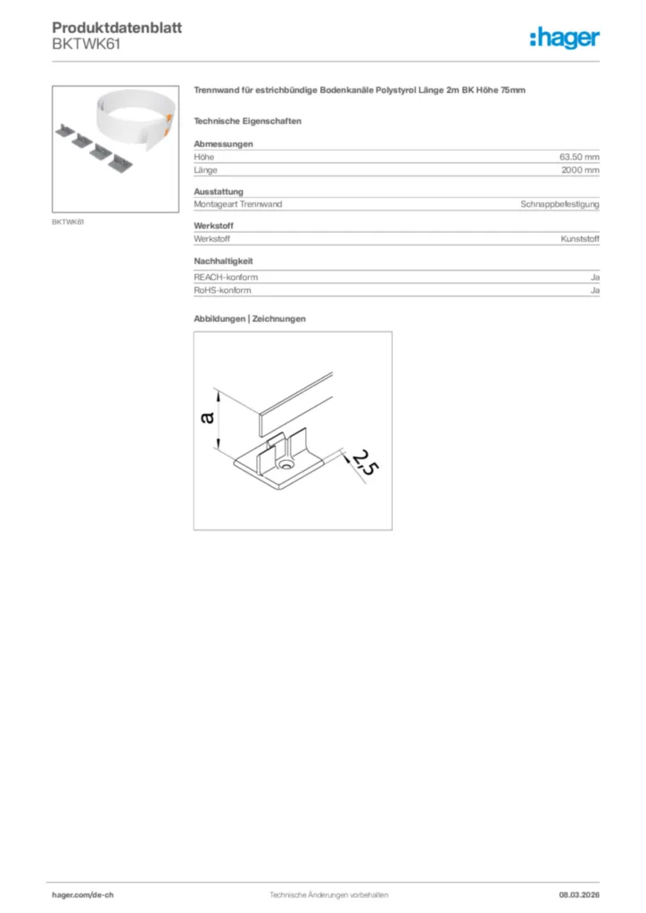 Bild Hager Produktdatenblatt BKTWK61 | Hager Schweiz