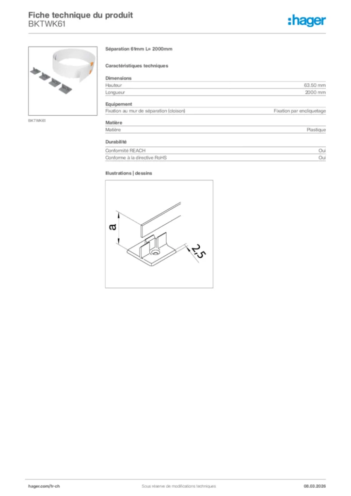 Image Hager Fiche technique du produit BKTWK61 | Hager Suisse