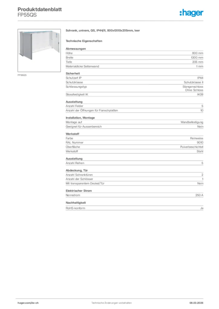 Bild Hager Produktdatenblatt FP55QS | Hager Schweiz