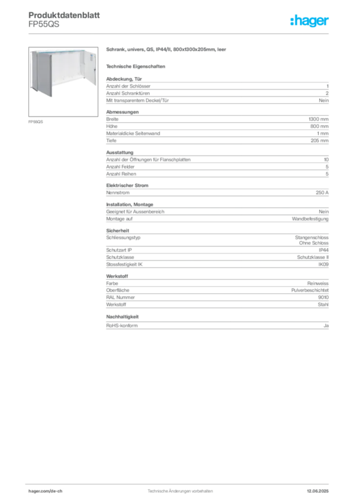Bild Hager Produktdatenblatt FP55QS | Hager Schweiz
