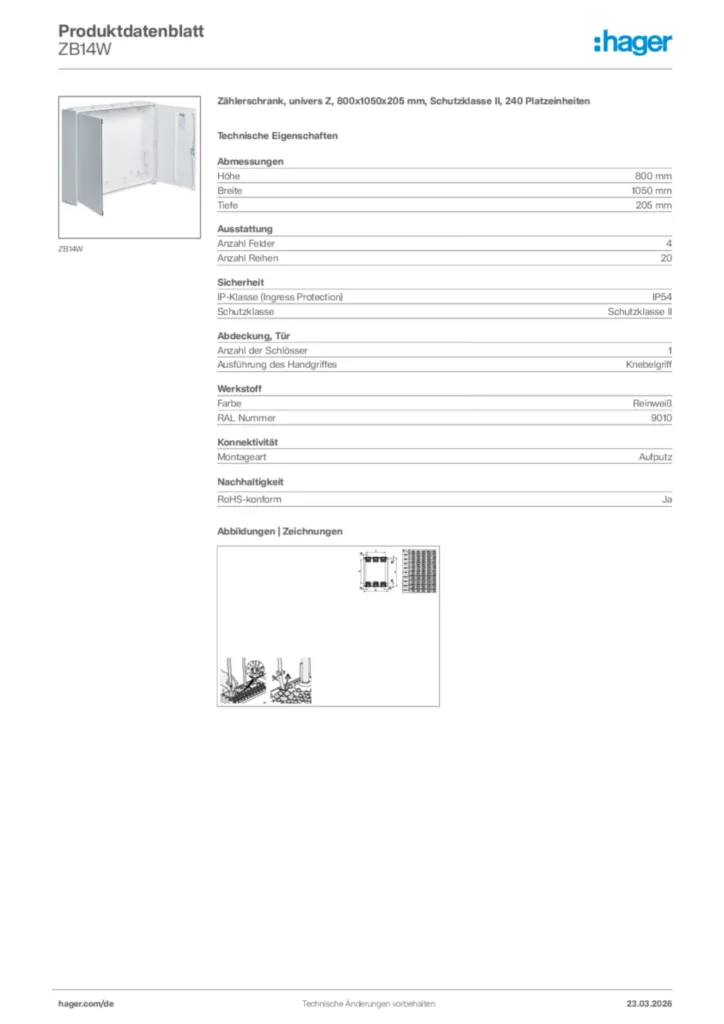 Bild Hager Produktdatenblatt ZB14W | Hager Deutschland