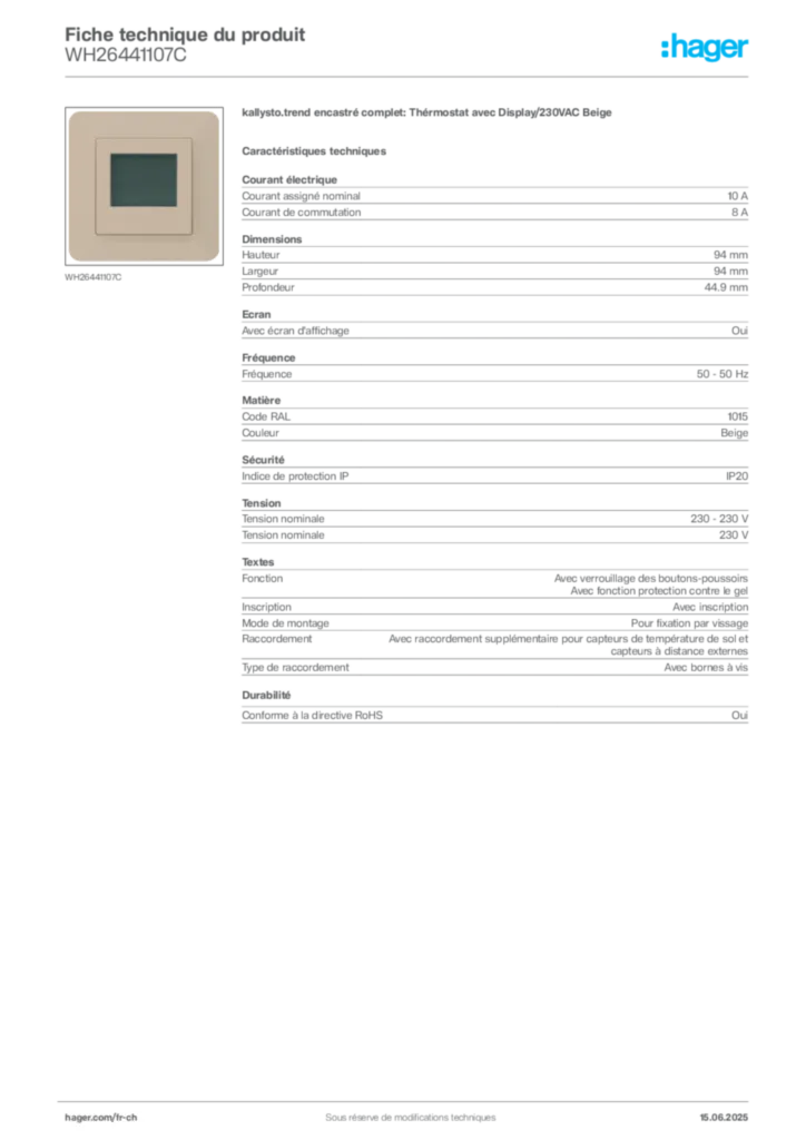 Image Hager Fiche technique du produit WH26441107C | Hager Suisse