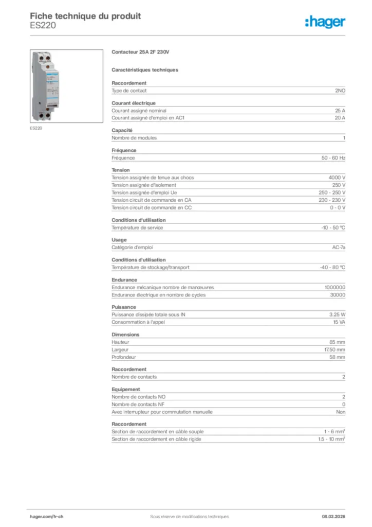 Image Hager Fiche technique du produit ES220 | Hager Suisse