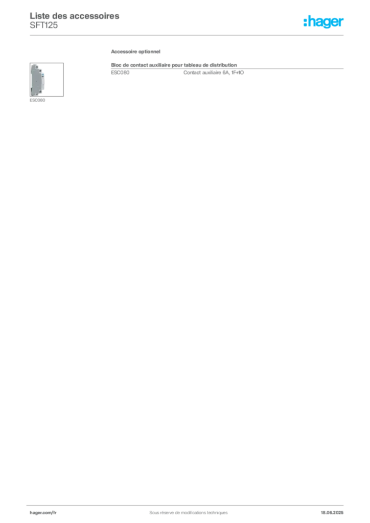 Image Hager Fiche technique du produit SFT125 | Hager France