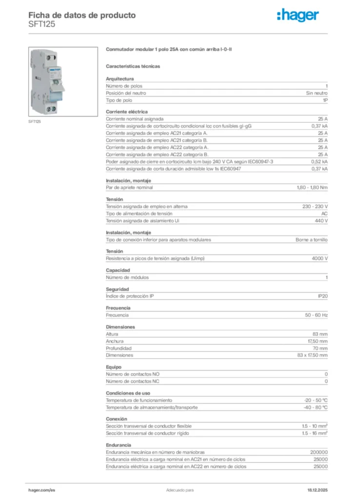 Imagen Hager Ficha de datos de producto SFT125 | Hager España