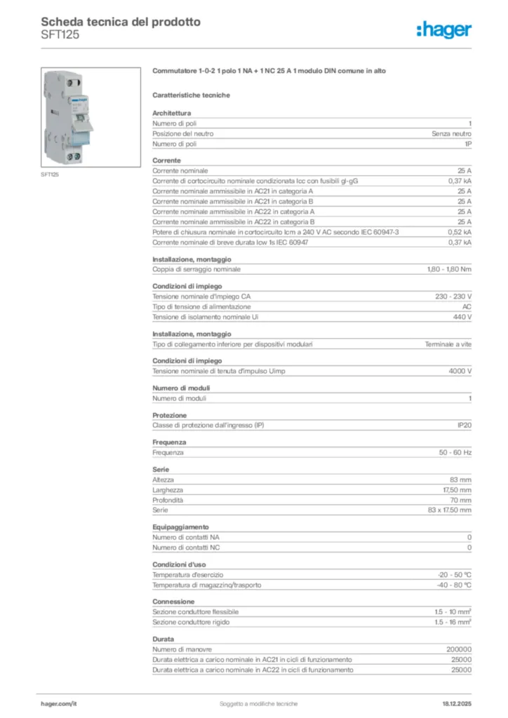 Immagine Hager Scheda tecnica del prodotto SFT125 | Hager Italia