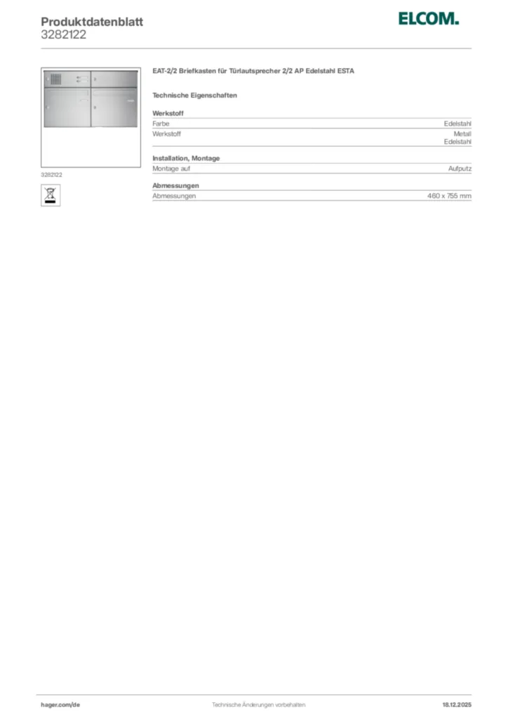 Bild Elcom Produktdatenblatt 3282122 | Hager Deutschland