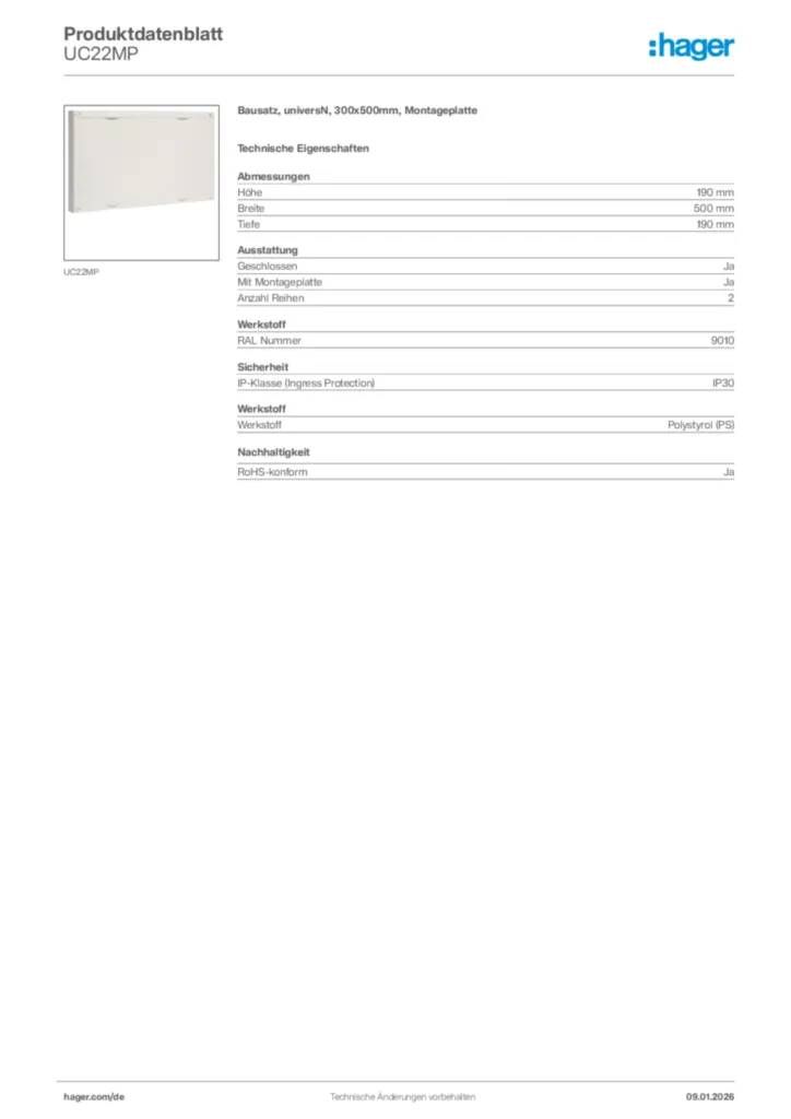 Hager Produktdatenblatt UC22MP