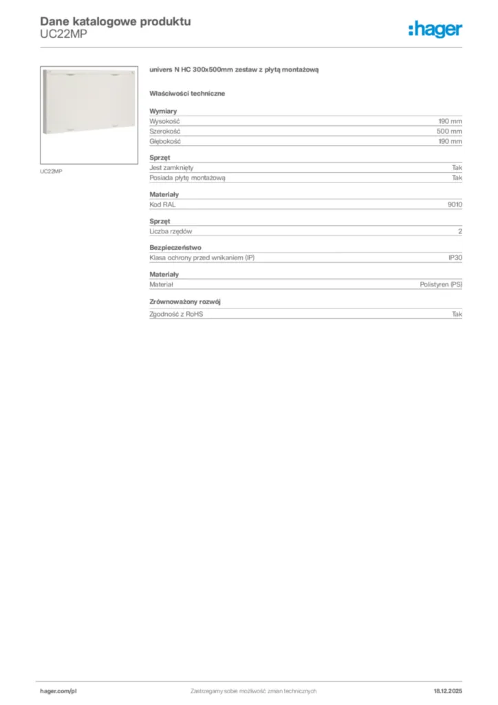 Zdjęcie Hager Karta katalogowa UC22MP | Hager Polska