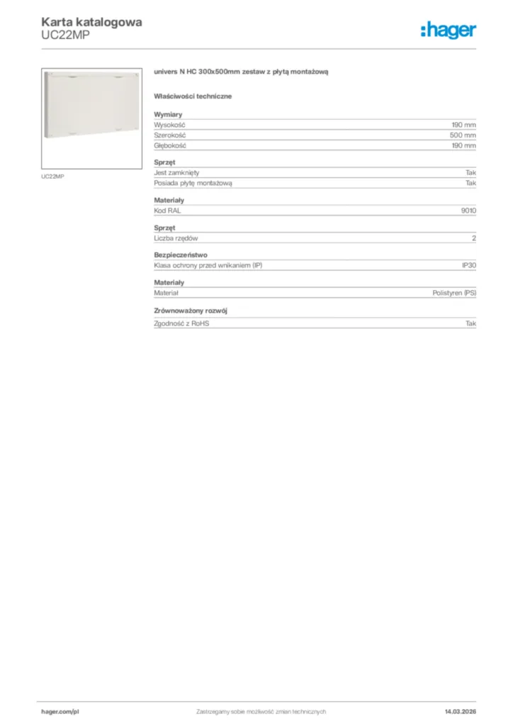Zdjęcie Hager Karta katalogowa UC22MP | Hager Polska
