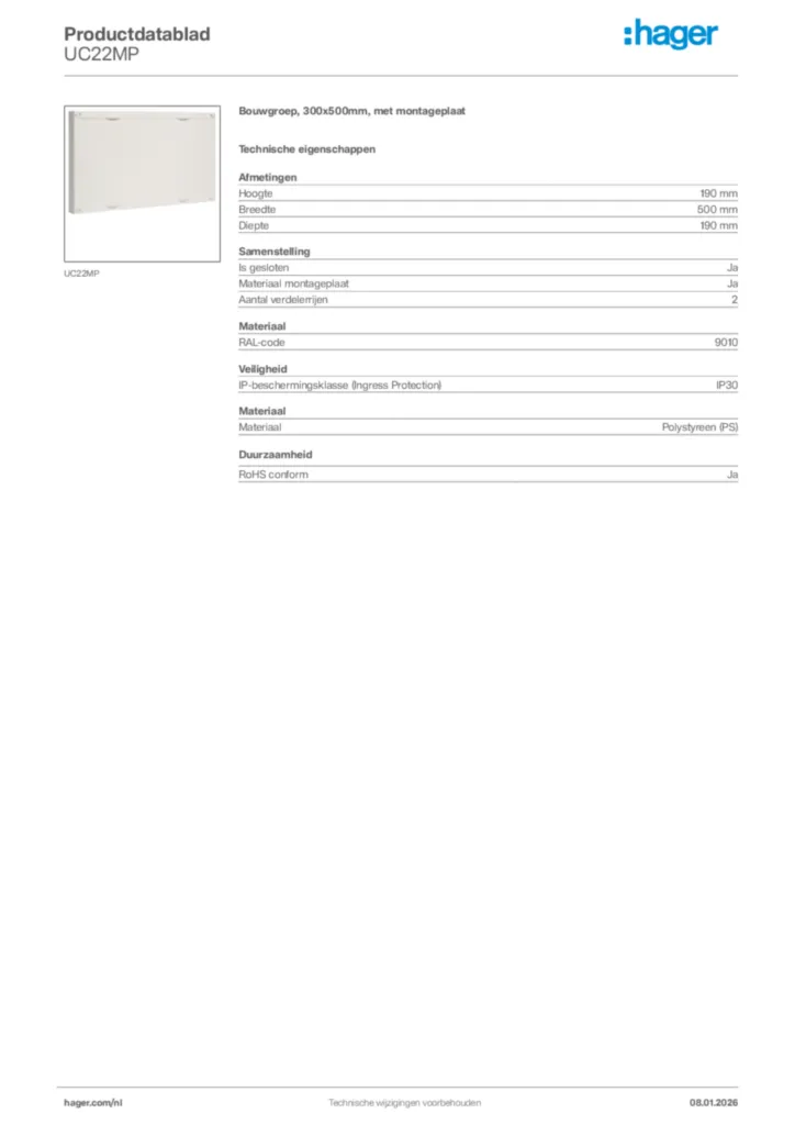 Afbeelding Hager Productdatablad UC22MP | Hager Nederland