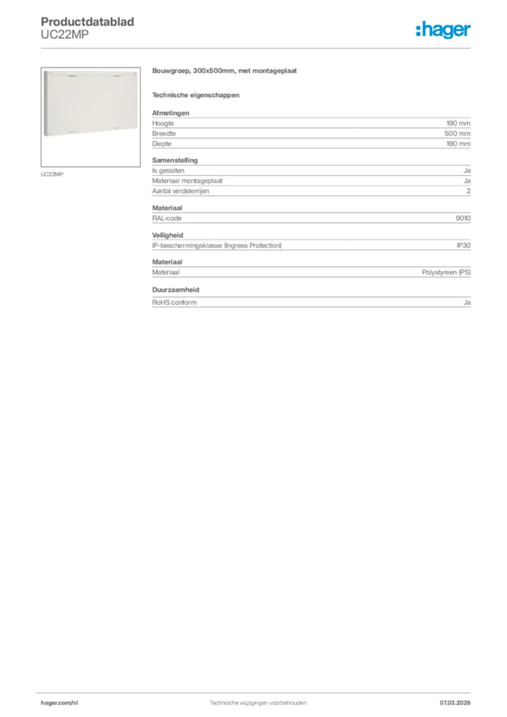 Afbeelding Hager Productdatablad UC22MP | Hager Nederland