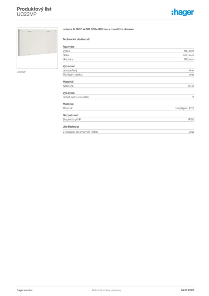 Obrázek Hager Product data sheet UC22MP | Hager
