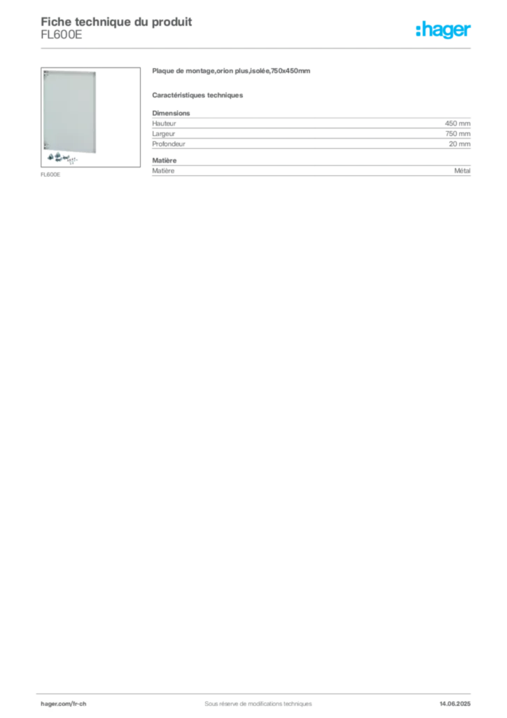 Image Hager Fiche technique du produit FL600E | Hager Suisse