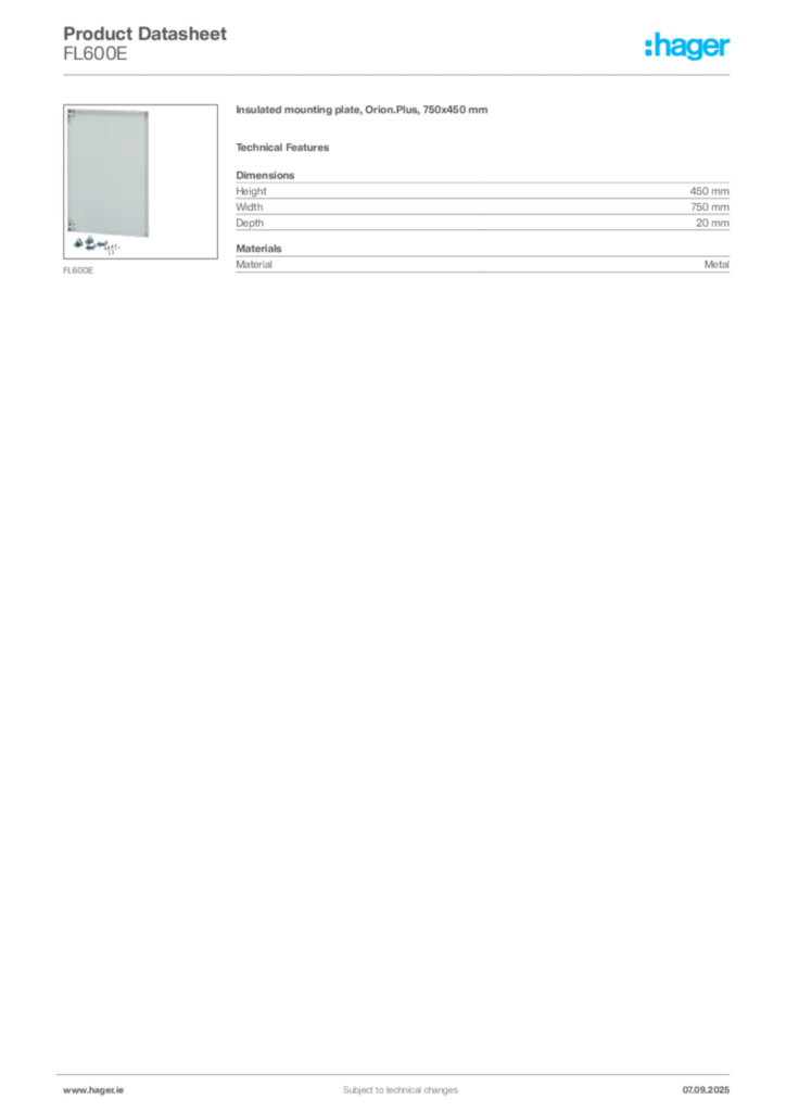 Image Hager Product data sheet FL600E  | Hager