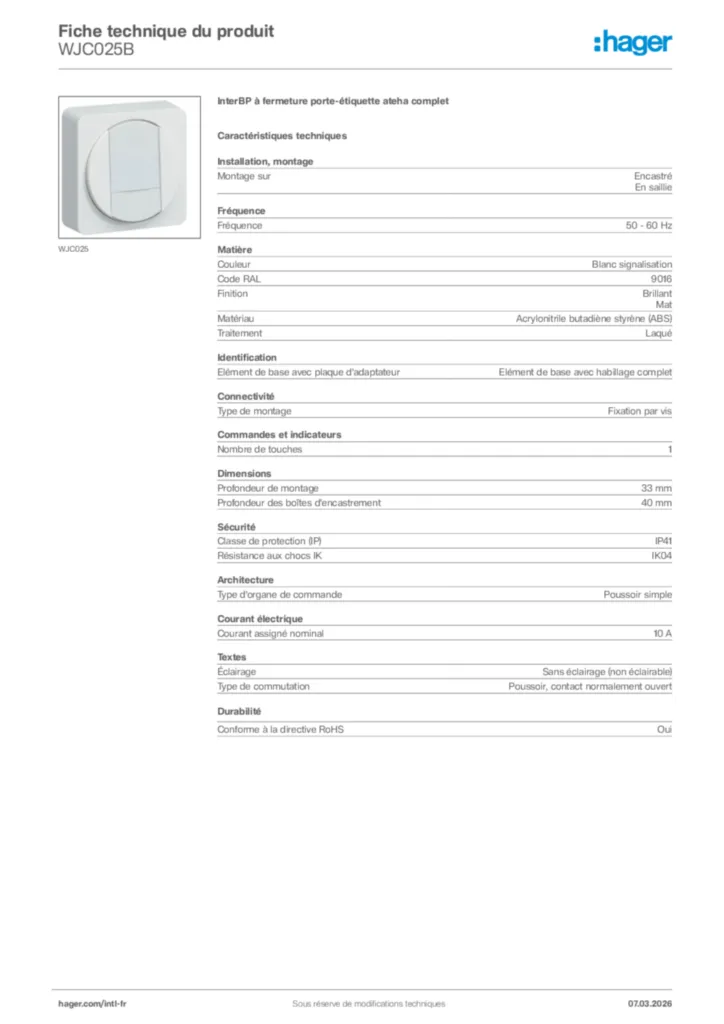 Image Hager Fiche technique du produit WJC025B | Hager Afrique