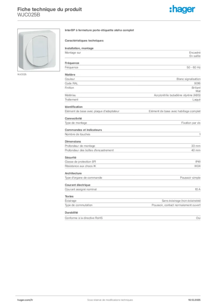 Image Hager Fiche technique du produit WJC025B | Hager France
