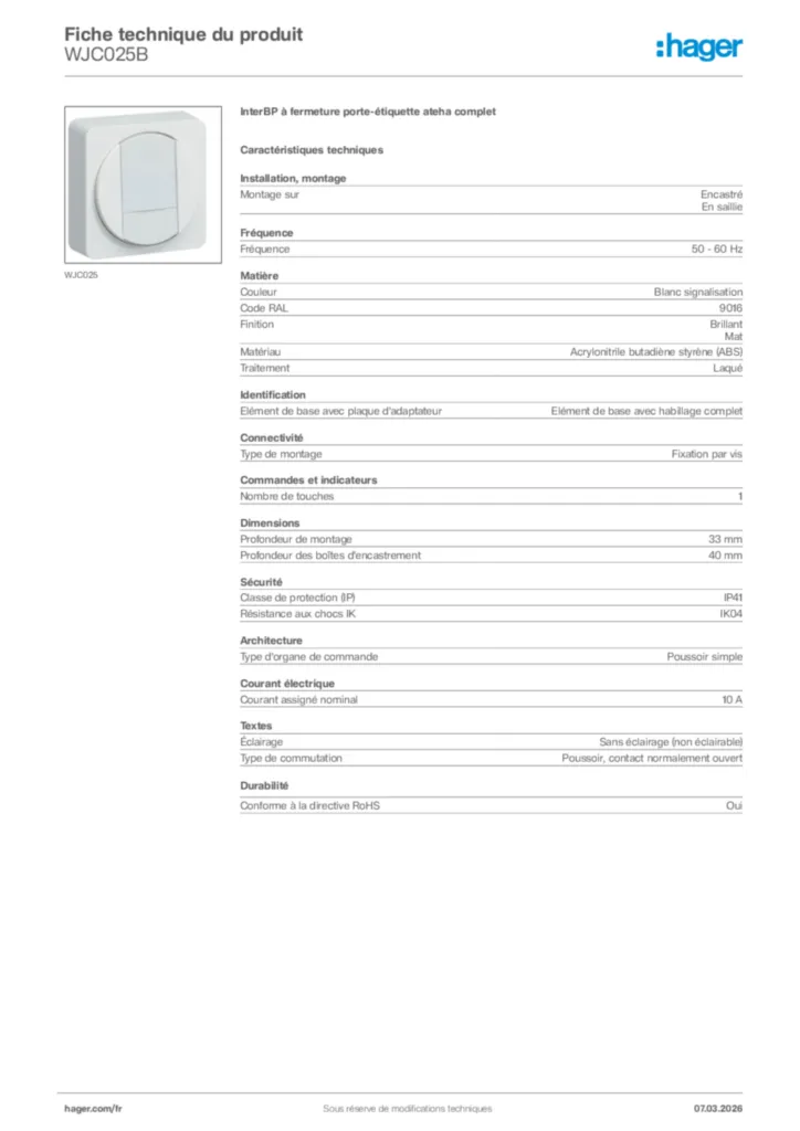 Image Hager Fiche technique du produit WJC025B | Hager France