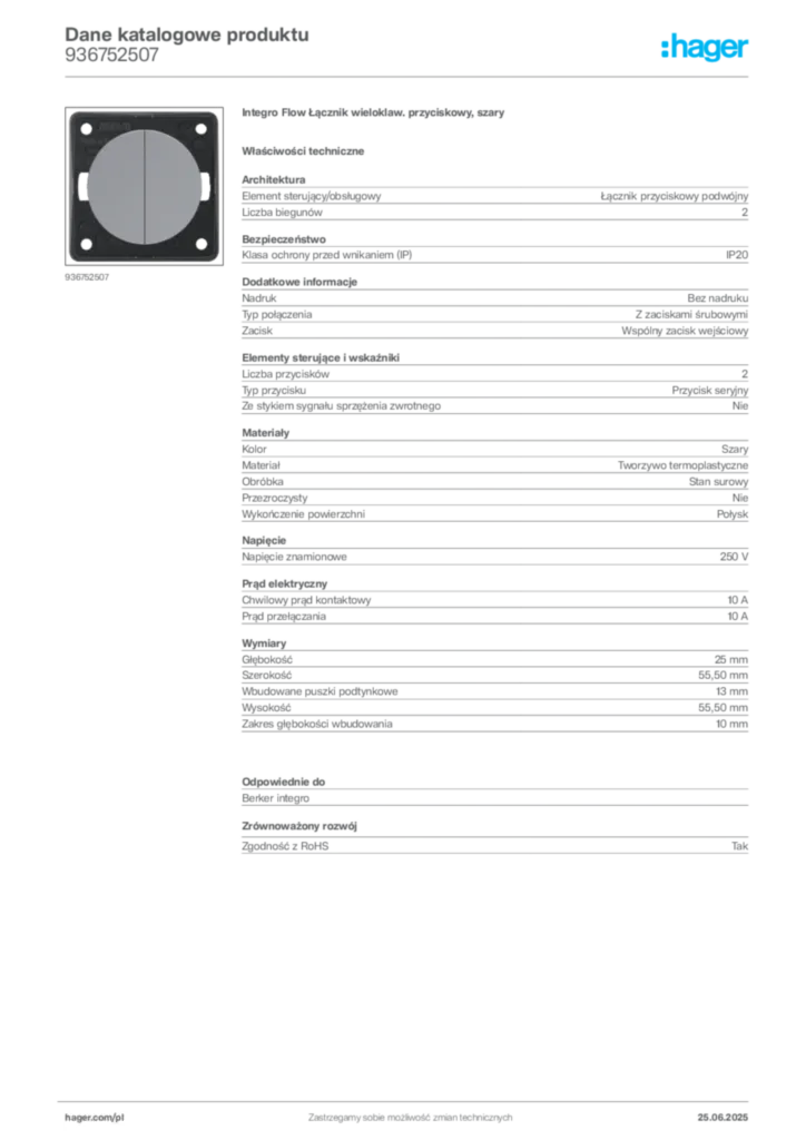 Zdjęcie Hager Karta katalogowa 936752507 | Hager Polska