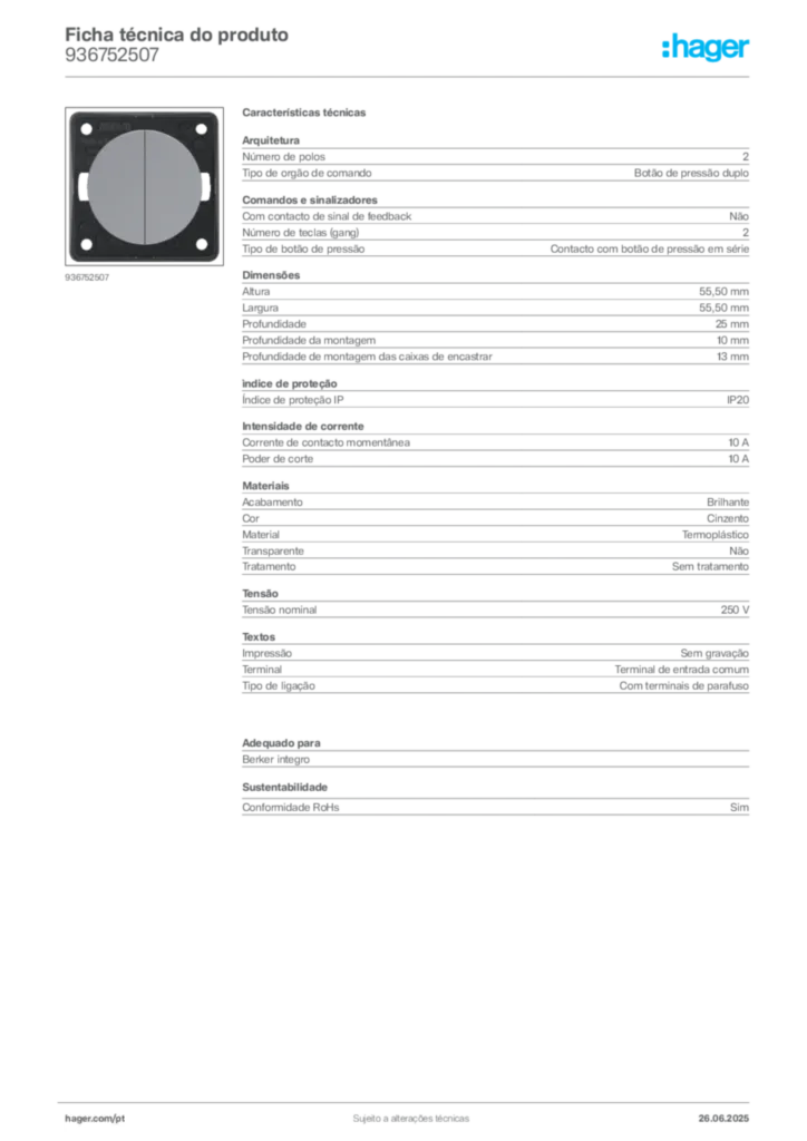 Imagem Hager Ficha técnica do produto 936752507 | Hager Portugal