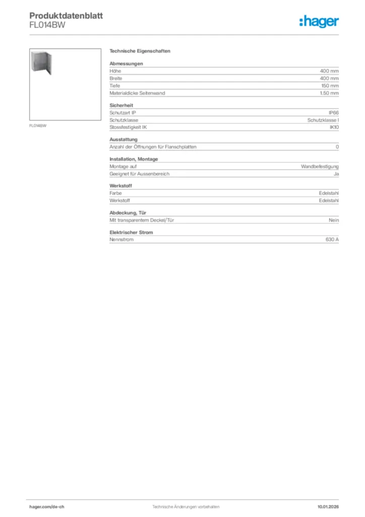 Bild Hager Produktdatenblatt FL014BW | Hager Schweiz