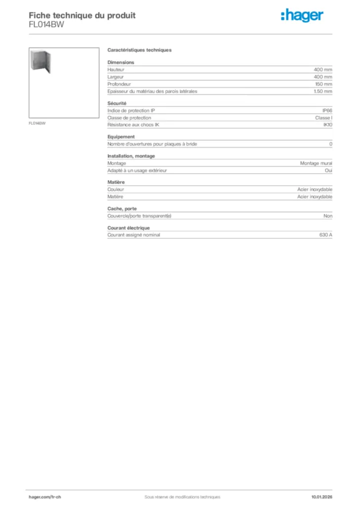 Image Hager Fiche technique du produit FL014BW | Hager Suisse
