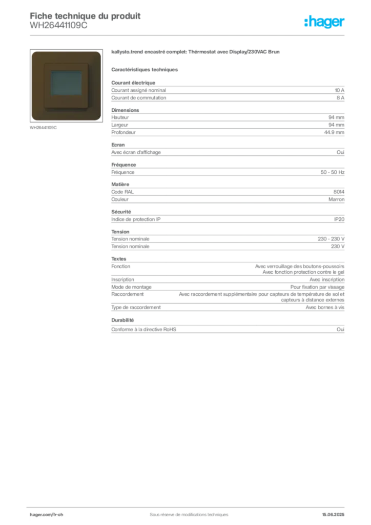 Image Hager Fiche technique du produit WH26441109C | Hager Suisse