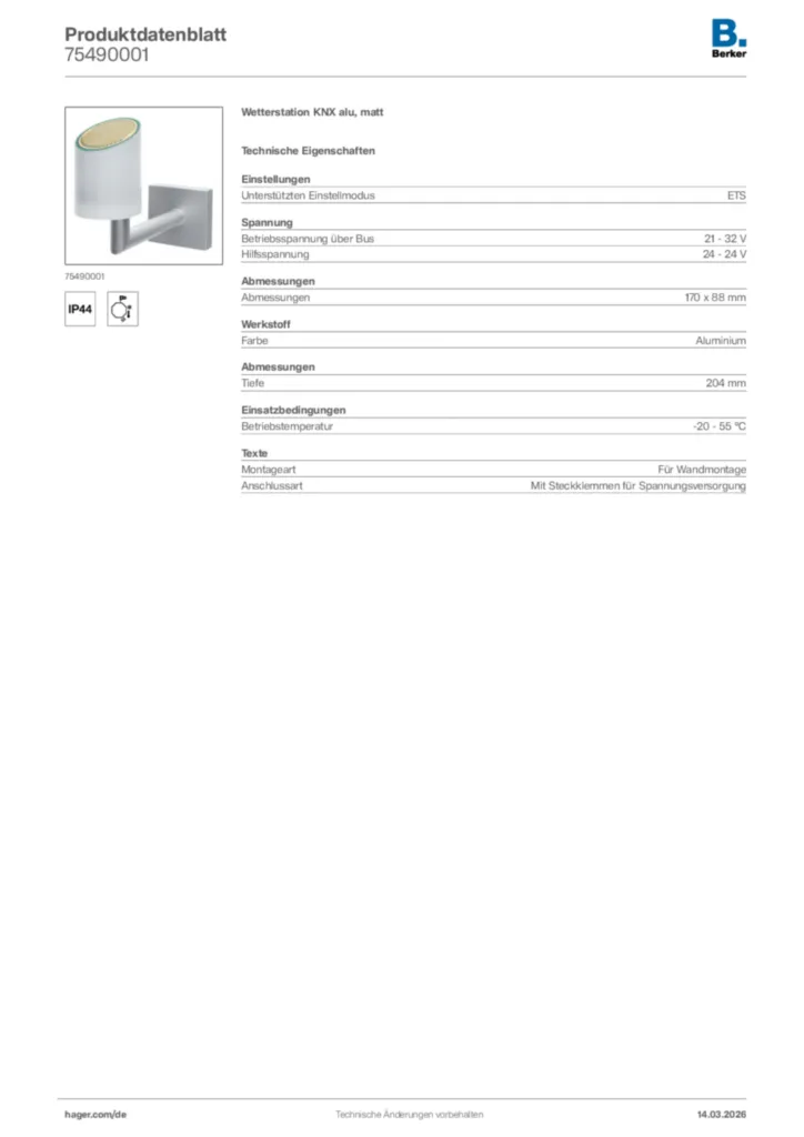 Bild Berker Produktdatenblatt 75490001 | Hager Deutschland