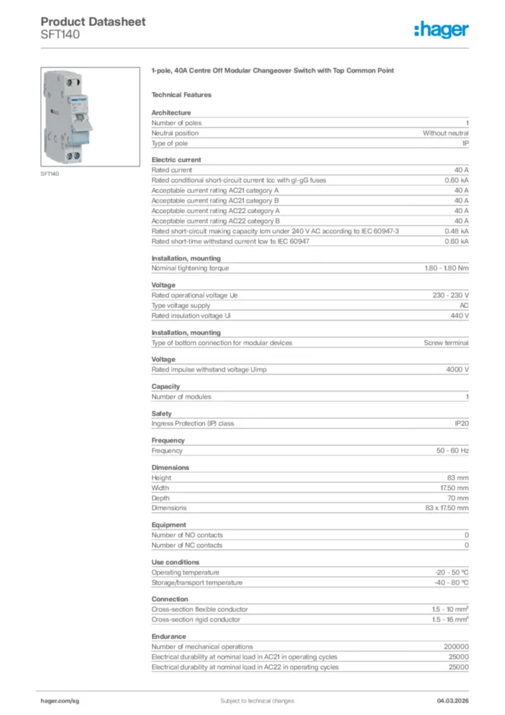 Image Hager Product data sheet SFT140  | Hager