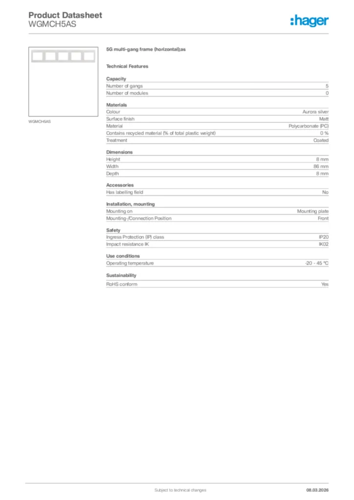 Image Hager Product data sheet WGMCH5AS  | Hager Africa
