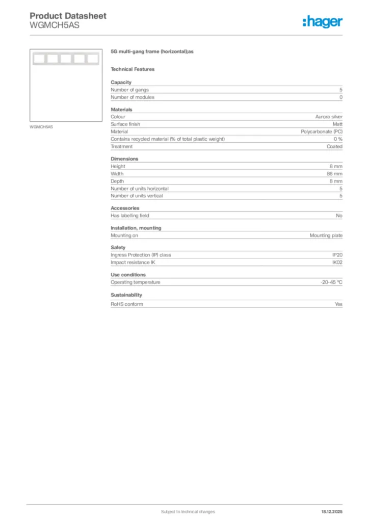 Image Hager Product data sheet WGMCH5AS  | Hager
