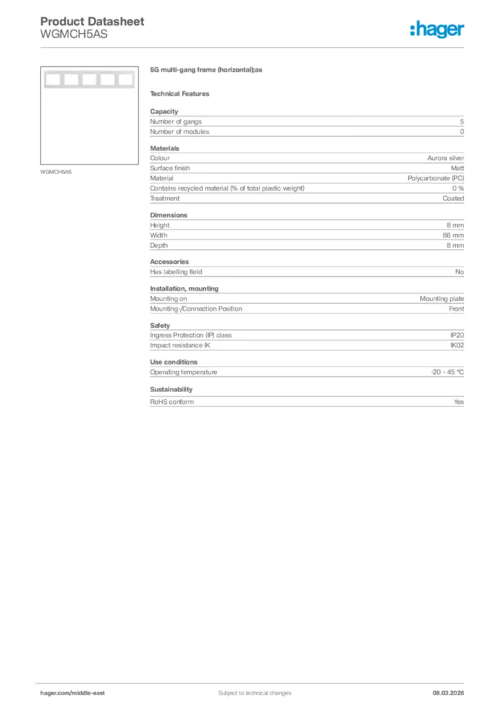 Image Hager Product data sheet WGMCH5AS  | Hager