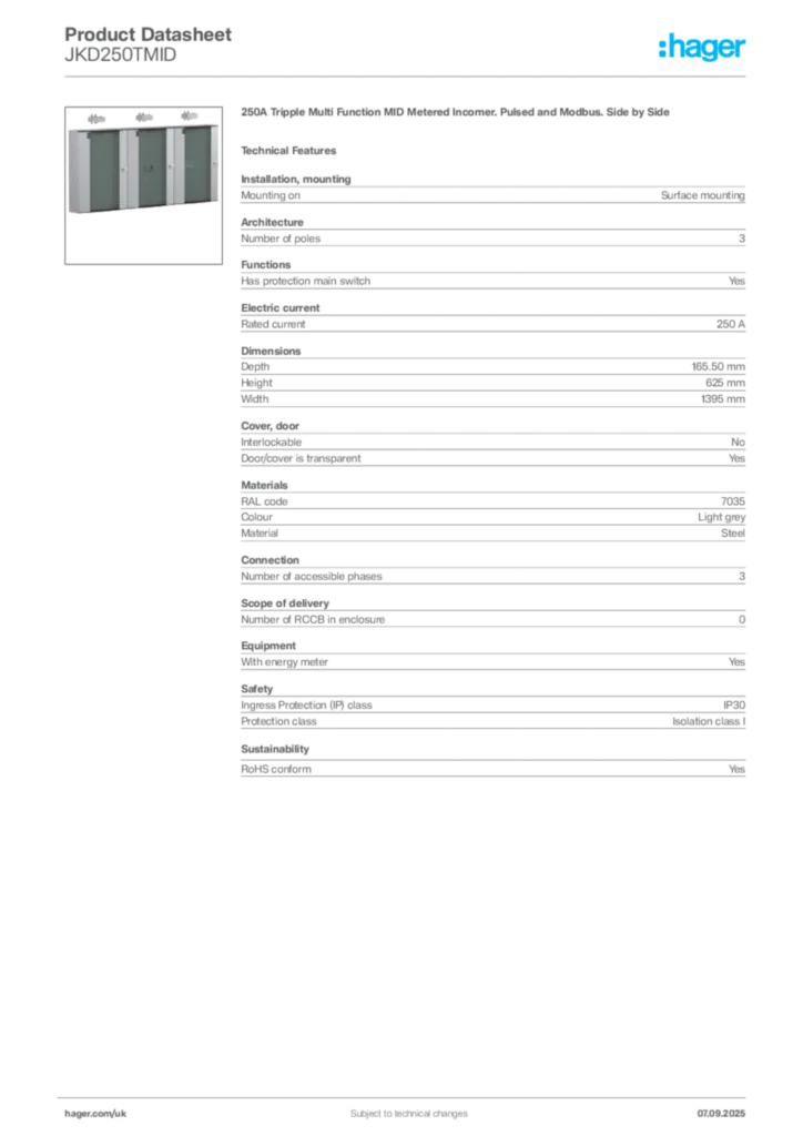Image Hager Product data sheet JKD250TMID  | Hager