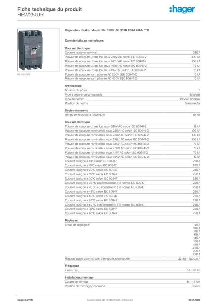 Image Hager Fiche technique du produit HEW250JR | Hager France