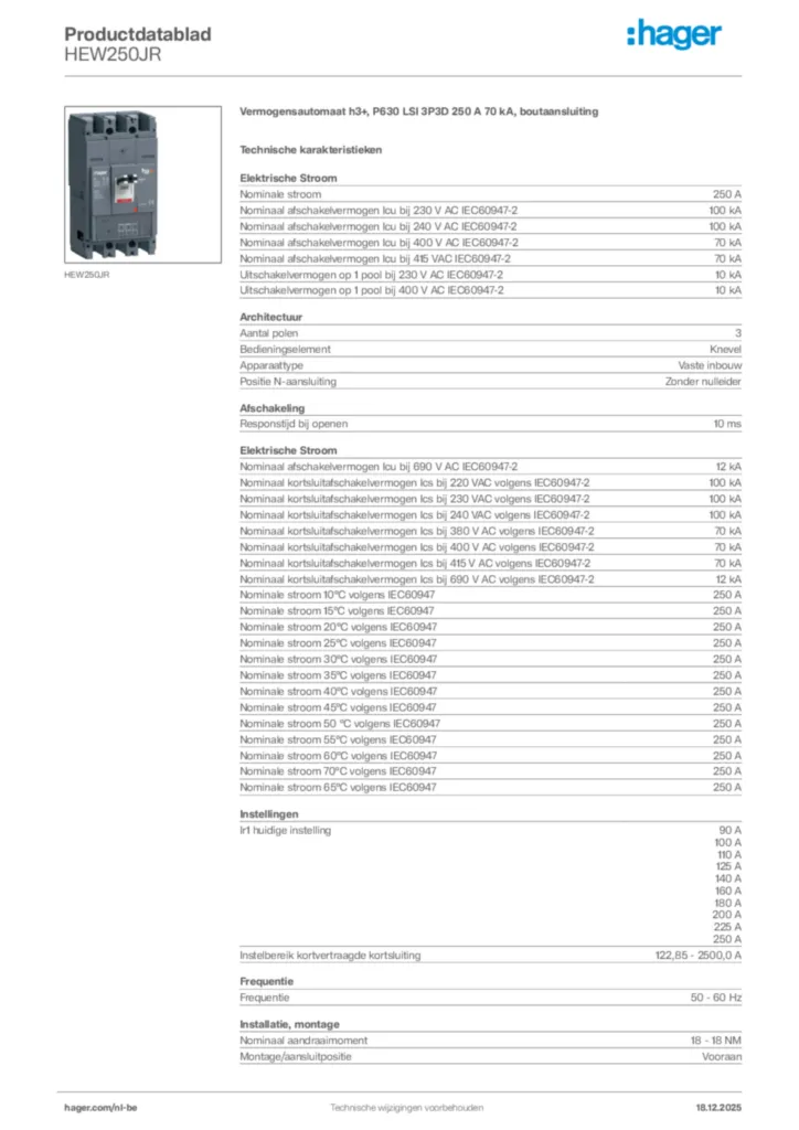 Afbeelding Hager Productdatablad HEW250JR | Hager Belgium