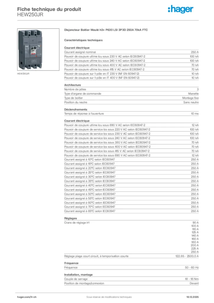 Image Hager Fiche technique du produit HEW250JR | Hager Suisse