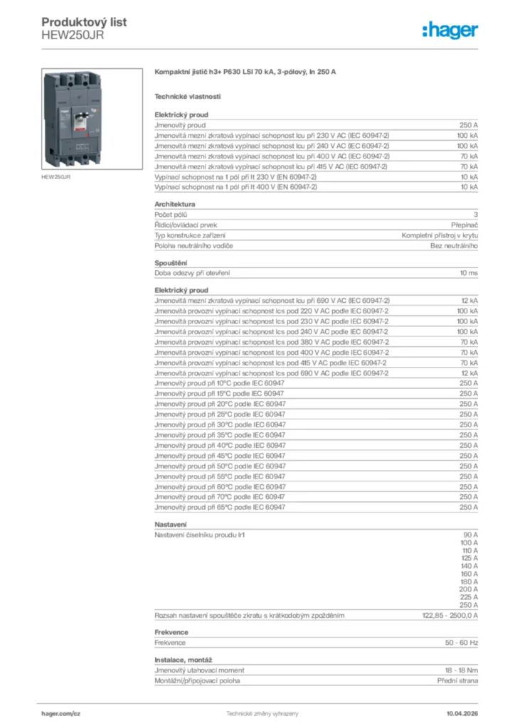 Obrázek Hager Product data sheet HEW250JR | Hager