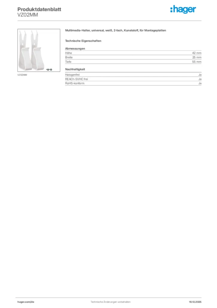 Bild Hager Produktdatenblatt VZ02MM | Hager Deutschland