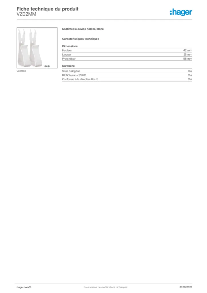 Image Hager Fiche technique du produit VZ02MM | Hager France