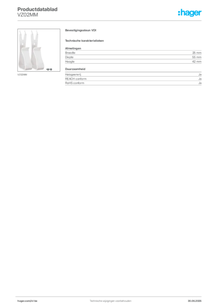 Afbeelding Hager Productdatablad VZ02MM | Hager Belgium