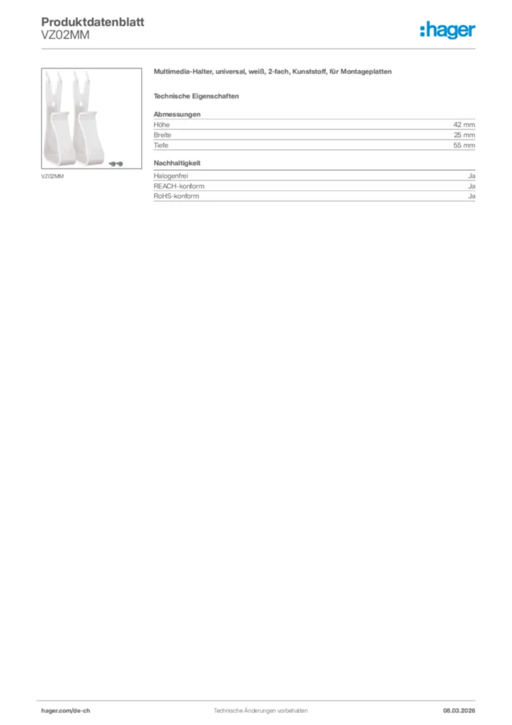 Bild Hager Produktdatenblatt VZ02MM | Hager Schweiz