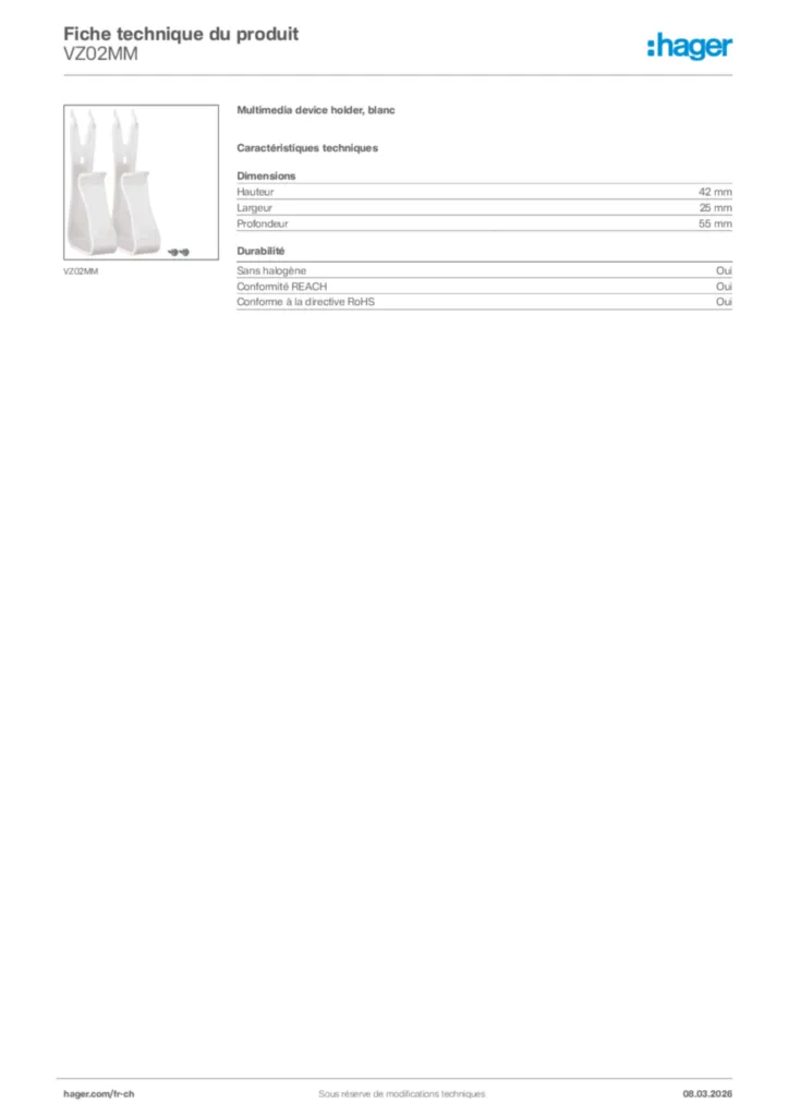 Image Hager Fiche technique du produit VZ02MM | Hager Suisse