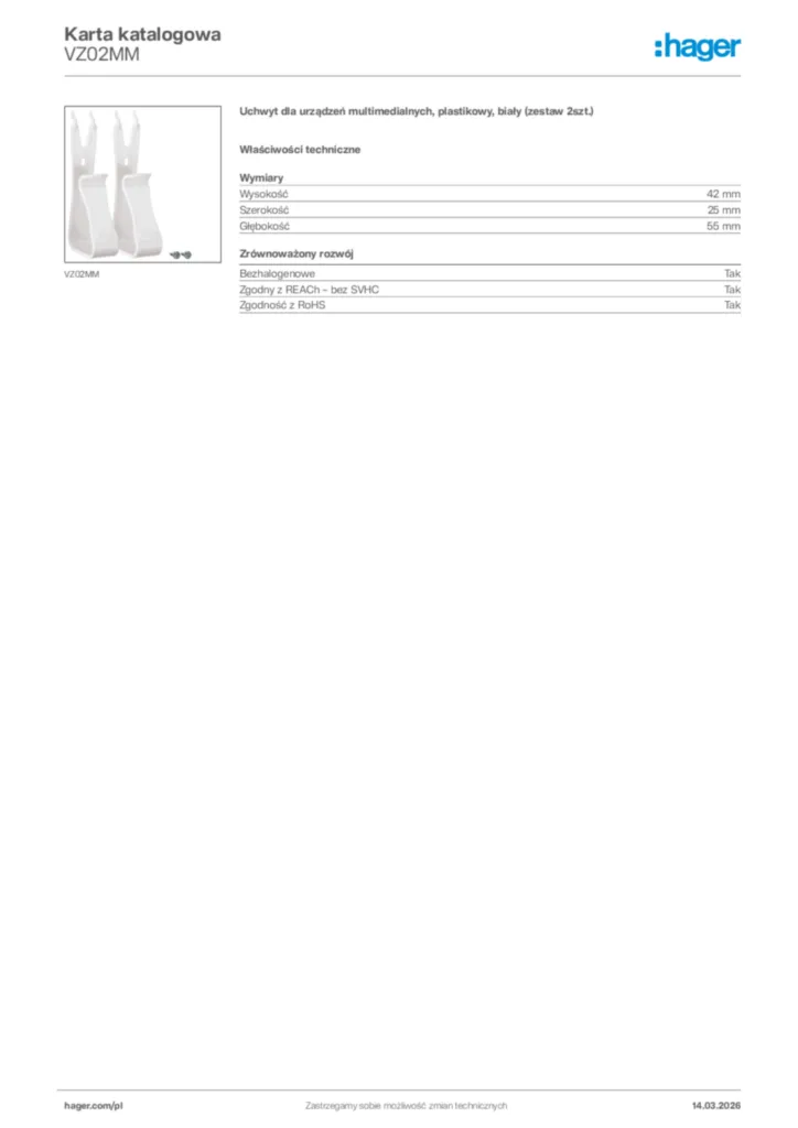 Zdjęcie Hager Karta katalogowa VZ02MM | Hager Polska